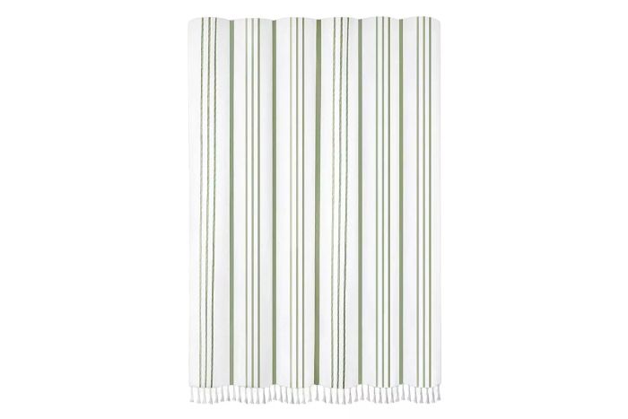 Awellife Sage Green Boho Shower Curtain, White Linen Cotton Blend, Striped Farmhouse Shower Curtain for Your Bathroom