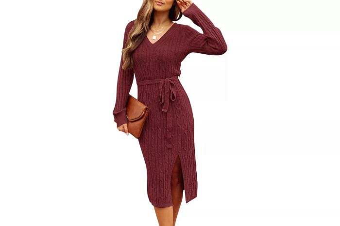 Amazon MEROKEETY Women's V-Neck Cable Knit Sweater Dress, Long Sleeve Bodycon Slit Pullover Midi Dress with Belt