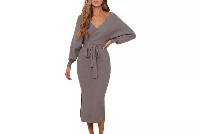 Viottiset V Neck Long Batwing Sleeve Wrap Midi Knit Sweater Dress