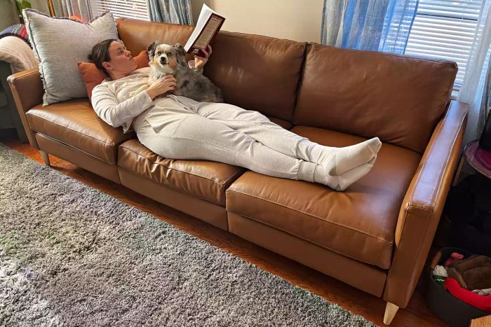 A person and their dog lounging together on the Allform 3-Seat Sofa in the living room