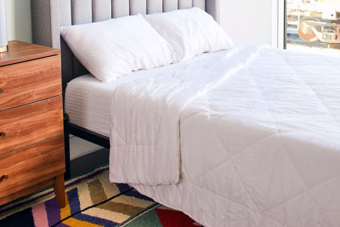 The Cozy Earth Bamboo Comforter and matching pillows arranged on a bed