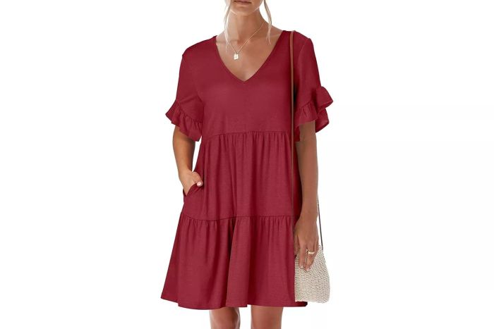 ANRABESS Women's 2024 Summer Trendy V-Neck Ruffle Short Sleeve A-Line Tiered Flowy Casual Mini Beach Dress with Pockets