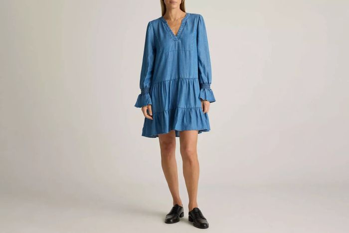 Chambray Tencel Tiered Long Sleeve Mini Dress