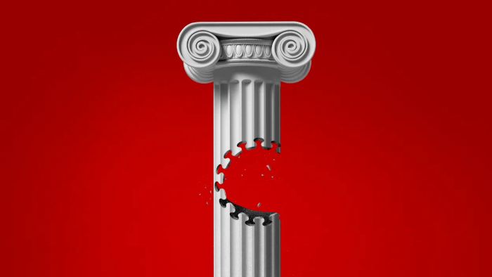 A depiction of an elegant Greek column with a noticeable chunk seemingly bitten out, shaped like the COVID virus.