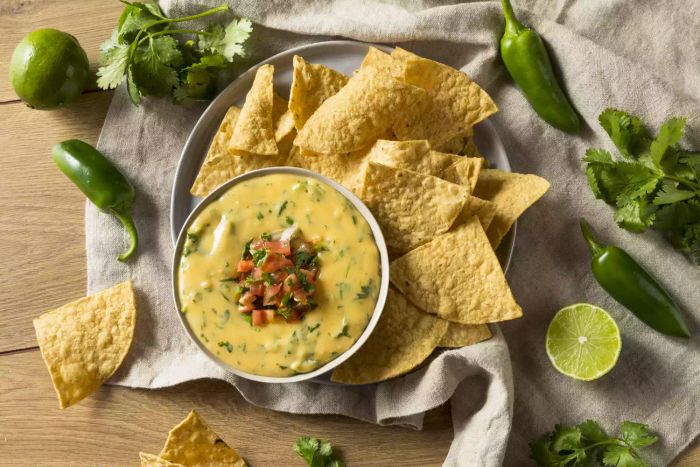 A bowl of queso served with chips