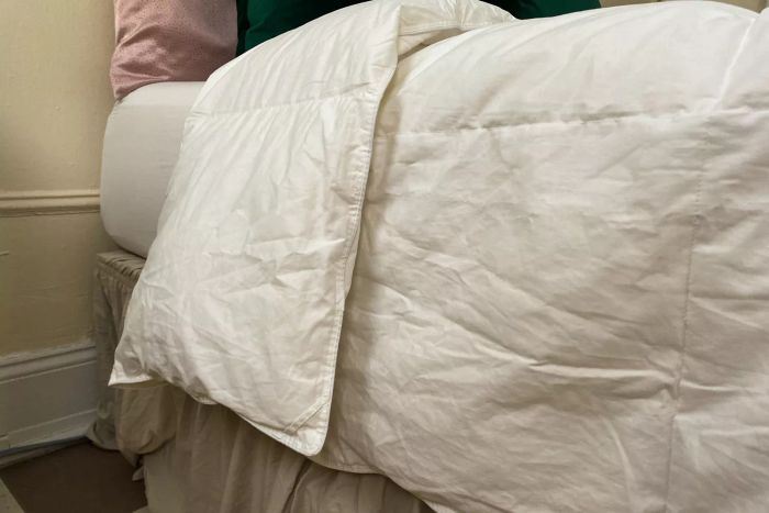 The Fluff Co Down Blended Comforter elegantly draped over a bed