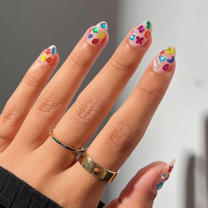Nude manicure with stick-on jewels.