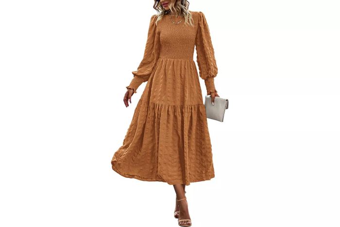 PRETTYGARDEN Puff Long Sleeve Crewneck Smocked Maxi Dress