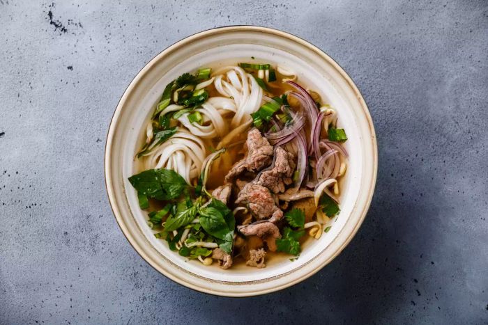 A serving of Vietnamese beef pho soup