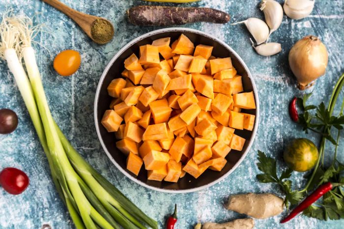 A serving of freshly cut sweet potato pieces