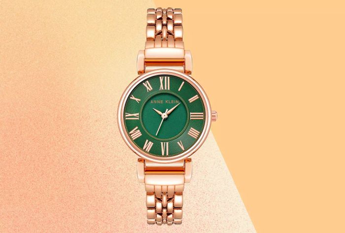 A collage featuring an Anne Klein Women's Bracelet Watch set against an orange gradient background.