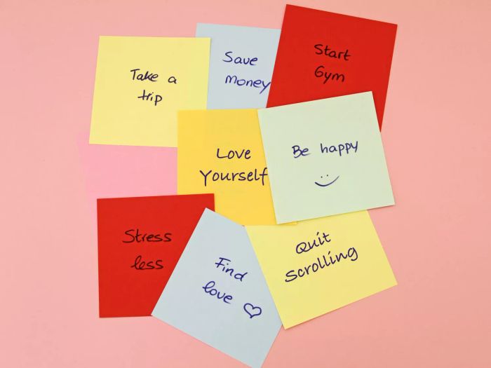 New Year's Goals Illustrated on Sticky Notes