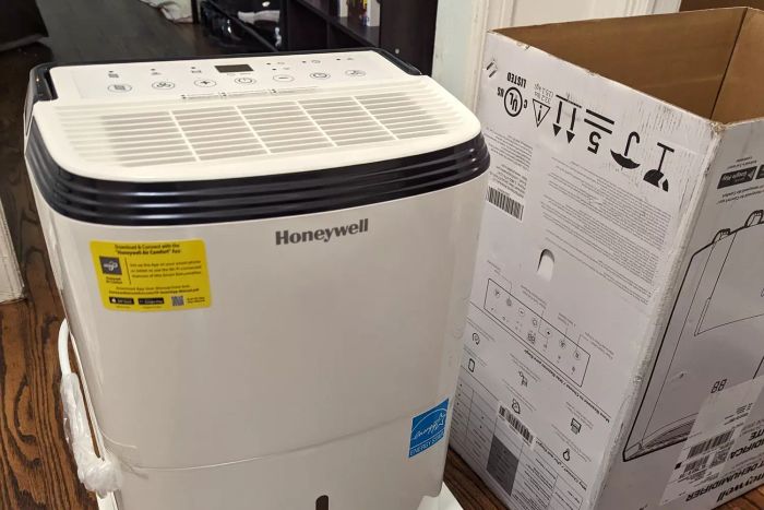 The Honeywell Smart WiFi Energy Star Dehumidifier after being unpacked