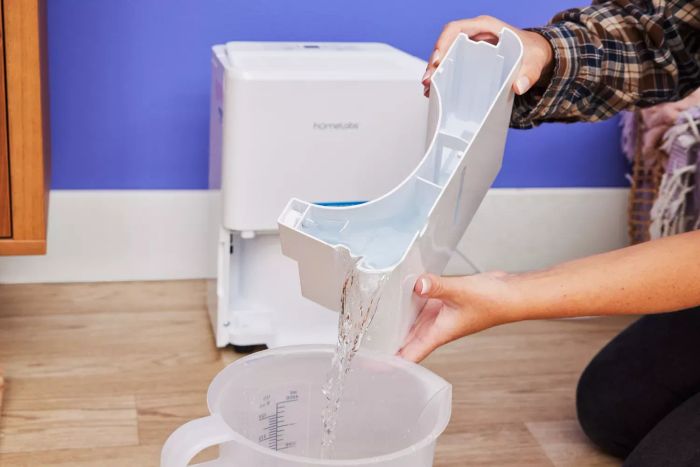 A person emptying the water tank of the Homelabs 8-Pint Dehumidifier