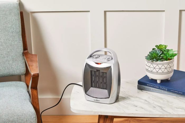 GiveBest Portable Electric Space Heater With Thermostat placed on a table alongside books and a plant