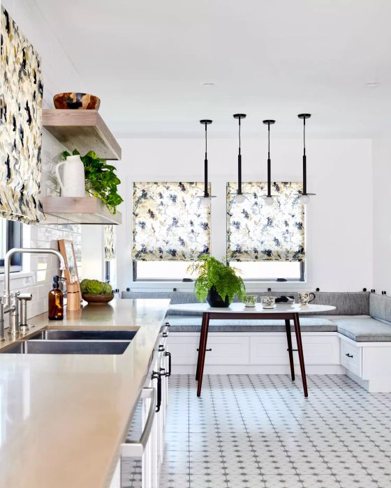 A cozy kitchen banquette seating area.