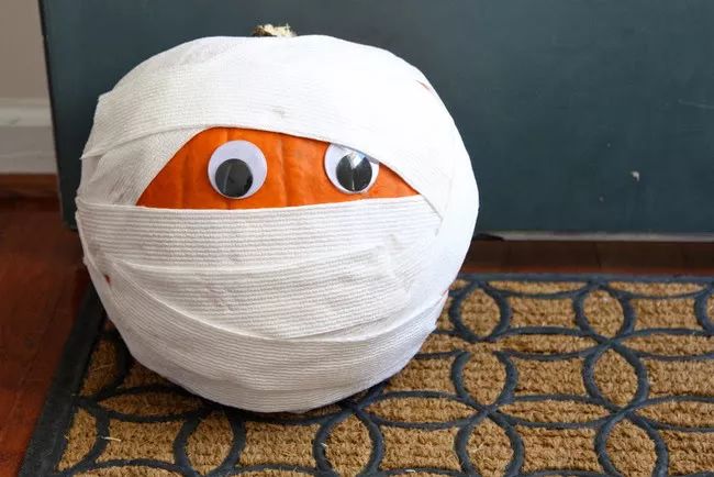 Pumpkin decorated to resemble a mummy