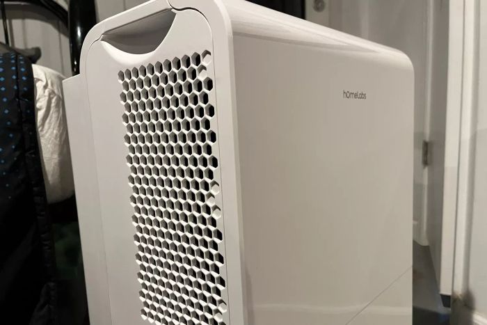 A detailed look at the side vent of the Homelabs 50-Pint Wi-Fi Dehumidifier HME031003N