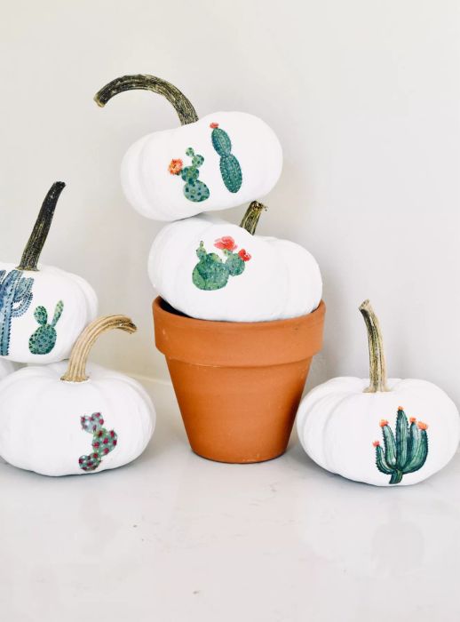 Creative no-carve pumpkin idea - Mini Cactus Garden Pumpkins