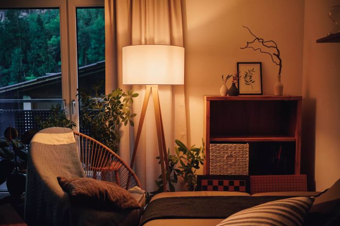 A snug living room illuminated by a stylish floor lamp