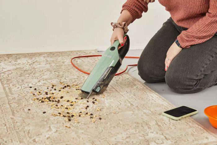 A person using the Shark UltraCyclone Pro Cordless Handheld Vacuum to clean food from the carpet.