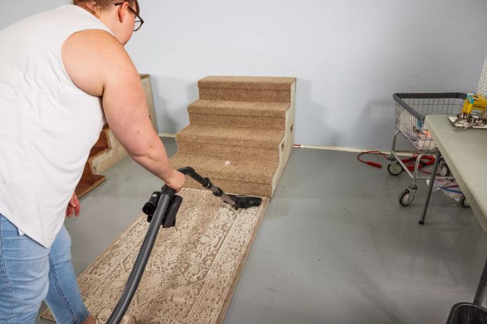 A person using the Miele Classic C1 Turbo Team PowerLine vacuum to clean a rug.