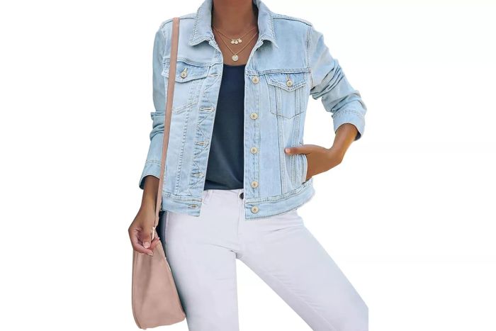 Luvamia Women's Basic Button-Down Stretch Fitted Denim Jacket, available on Amazon.