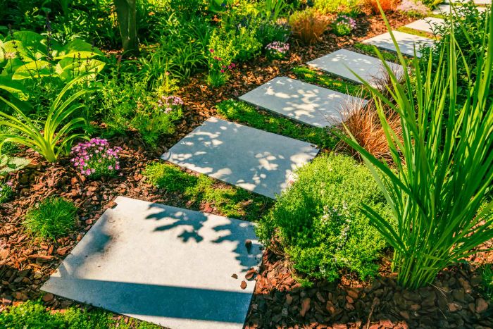 A garden path adorned with stone slabs, bordered by bark mulch and native plants. A beautiful blend of landscaping and gardening elements.