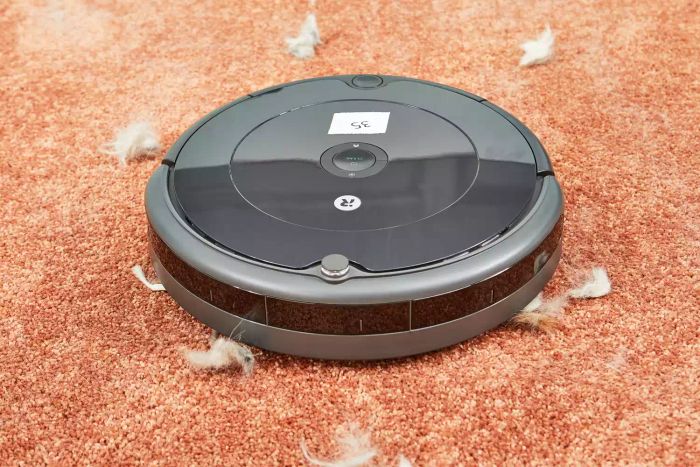 iRobot Roomba 694 Robot Vacuum cleaning fuzz from a rust-colored carpet.