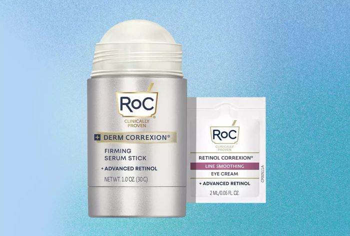 The RoC Retinol Serum Stick displayed against a blue backdrop