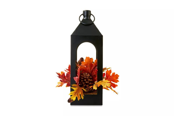 Harvest Iron Lantern with Autumn Florals Tabletop Decoration