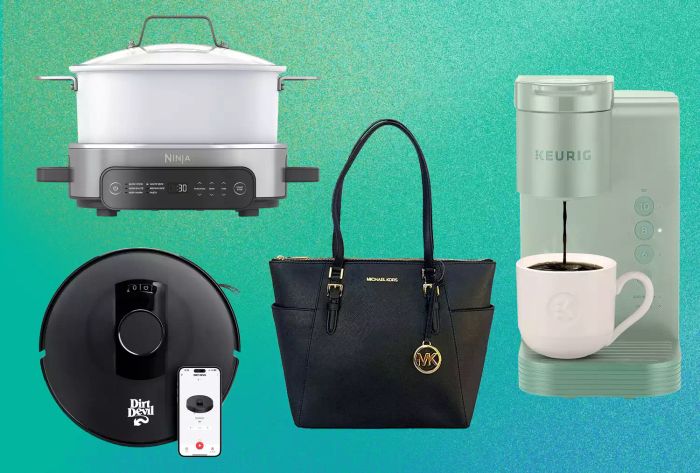 A vibrant collage featuring a multi-cooker, coffee machine, robotic vacuum, and leather tote