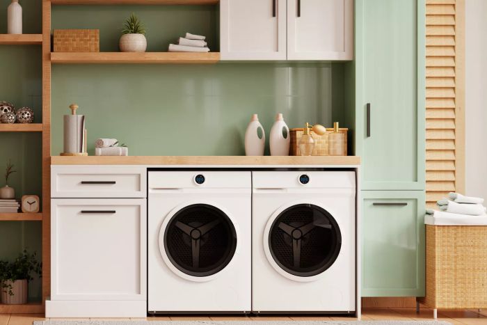 Contemporary laundry room featuring sage green details and wooden shelves - 3D visualization