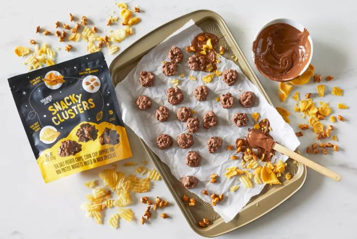 A photo of Trader Joe's Snacky Clusters displayed on a baking pan