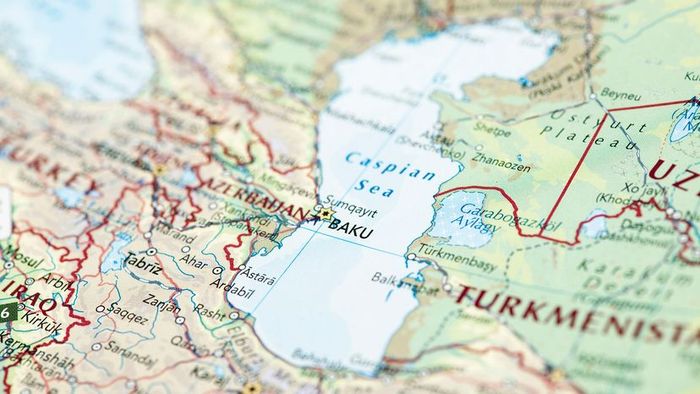 A map highlighting the Caspian Sea, with a focus on Baku, Azerbaijan, and its surrounding regions