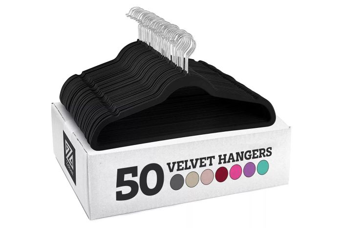 Zober Velvet Hangers come in a 50-pack, offering heavy-duty black hangers that are perfect for hanging coats, pants, and dresses. Their non-slip design keeps clothes in place, and the space-saving felt material helps maximize your closet space.