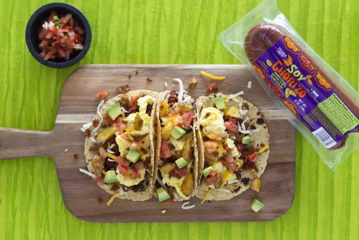 A photo of Trader Joe's Soy Chorizo served with tacos