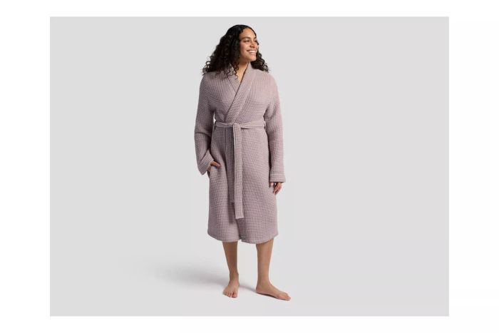 A person modeling the Parachute Waffle Robe