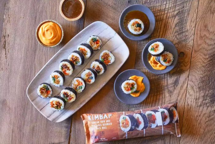 A photo of Trader Joe's Kimbap, showcasing sushi rolls on a platter