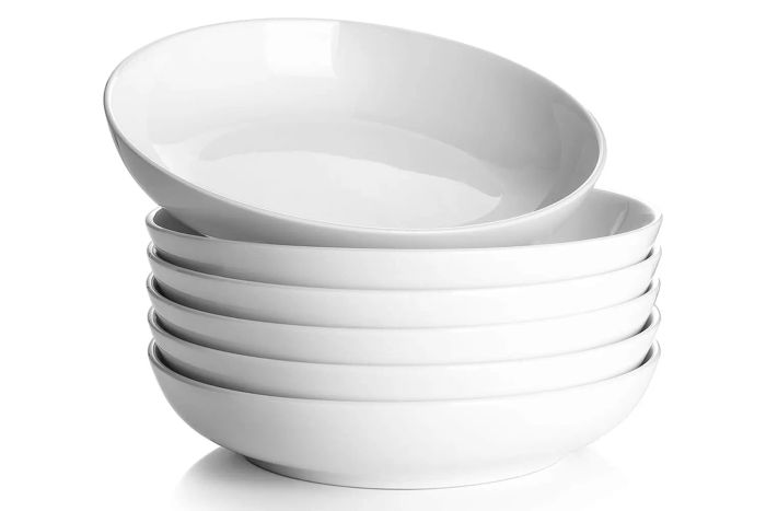 Y YHY Pasta Bowls, 30oz Salad Bowls, White Soup Bowls, Large Pasta Serving Bowls, Porcelain Pasta Plates, Wide and Shallow Bowls, Set of 6, Microwave and Dishwasher Safe