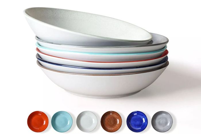 Set of 6 Pasta Bowls, 25 Ounce Ceramic Salad Bowls, 7.85 Inch Dinner Plates, Serving Bowls for Parties, Plates and Bowls Sets, Shallow Soup Bowls, Microwave and Dishwasher Safe, Multicolored