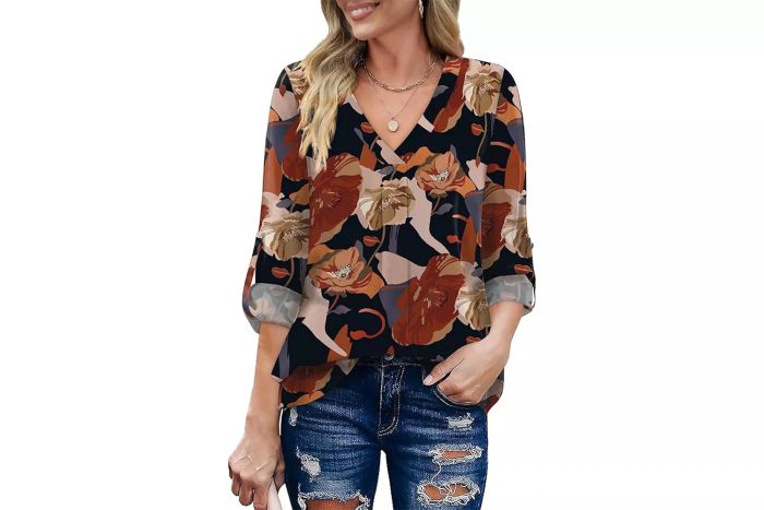 XIEERDUO 3/4 Sleeve Blouses for Women - Business Casual V-Neck Chiffon Tops