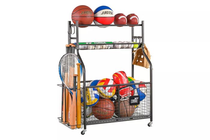 Mythinglogic Sports Equipment Garage Organizer, a rolling ball cart with wheels designed for indoor and outdoor use, perfect for storing sports gear and toys.