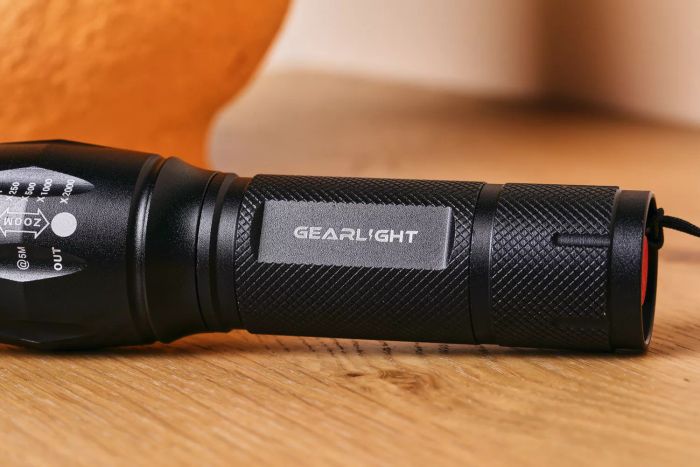 A close-up view of the grip on the GearLight S100 LED Tactical Flashlight.