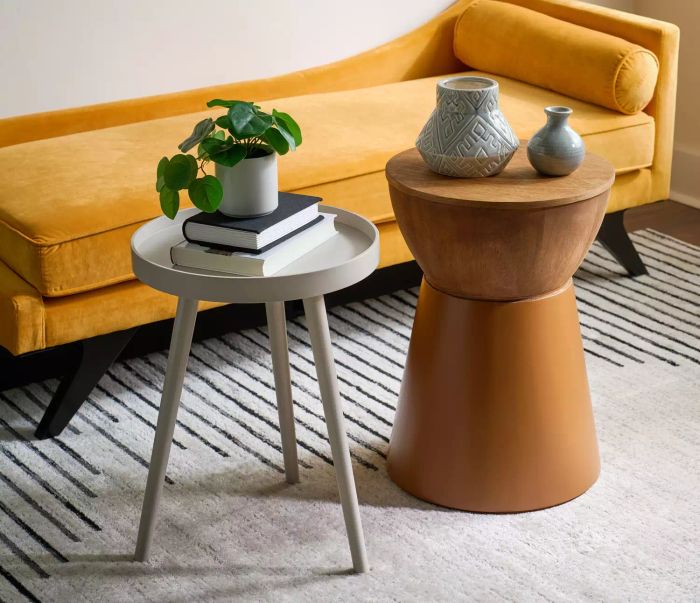 A warm caramel side table brings a cozy and stylish touch to any space, blending effortlessly with a variety of room designs.