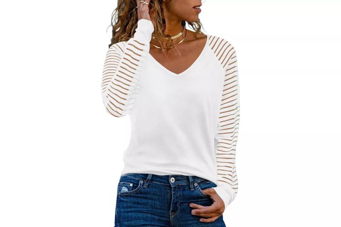 WEESO Womens Long Sleeve Tunic Tops Patchwork Sleeve Casual V