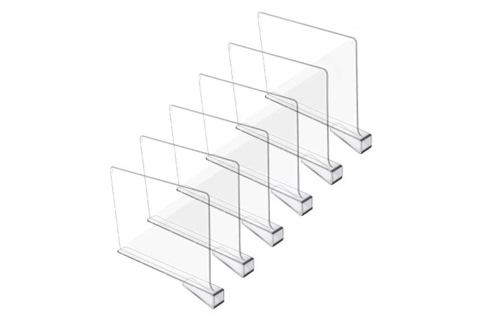 Hmdivor Acrylic Shelf Dividers for Closet Organization, a 6-pack of clear dividers designed to separate and organize your wood closet shelves efficiently.
