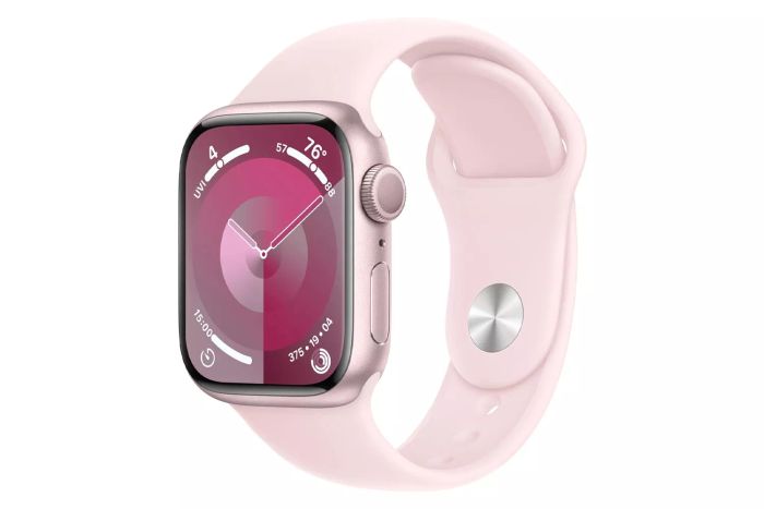 Apple Watch Series 9 [GPS 41mm] Smartwatch featuring a Pink Aluminum Case and Light Pink Sport Band S/M. Includes fitness tracking, ECG capabilities, an Always-On Retina Display, and water resistance.
