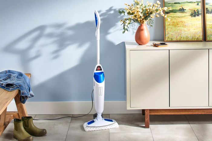 Bissell 1940 PowerFresh Scrubbing & Sanitizing Steam Mop positioned on a tiled entryway floor