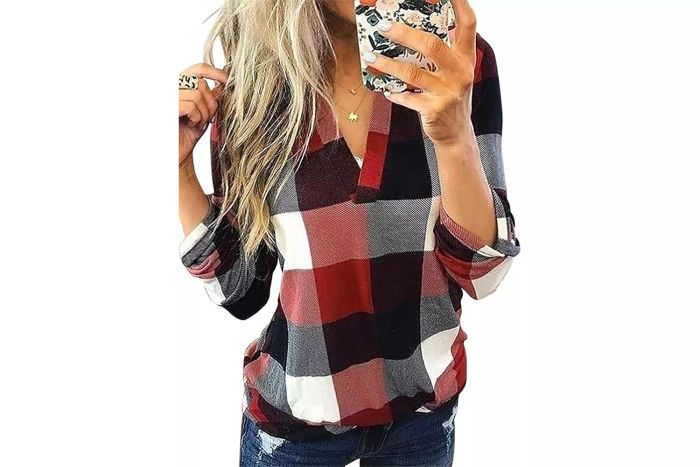 Dokotoo Women's Casual V-Neck Plaid Print Blouse